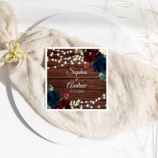 Serviette En Papier Marsala & Navy Mariage en bois rustique