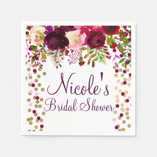 Serviette En Papier Marsala rose Floral Or Bourgogne Fête des mariées (Devant)