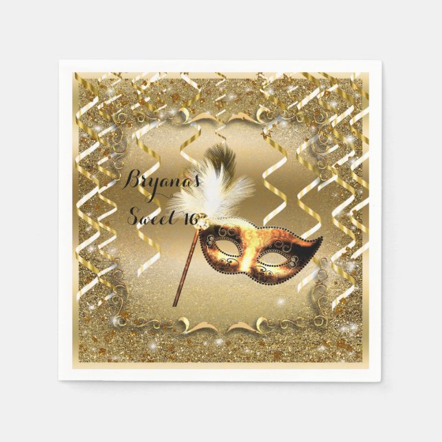 Serviette En Papier Mascarade d'or Masque élégant bal Anniversaire (Devant)