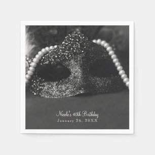 Serviette En Papier Mascarade en noir et blanc Masque et perles Fête