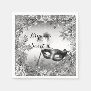 Serviette En Papier Mascarade & Flocons de Neige Blanc Argenté Noir