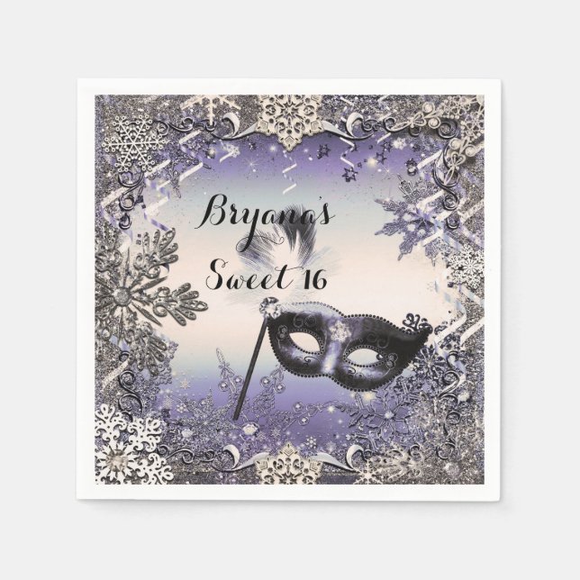 Serviette En Papier Mascarade violet et argent et flocons de neige d'h (Devant)
