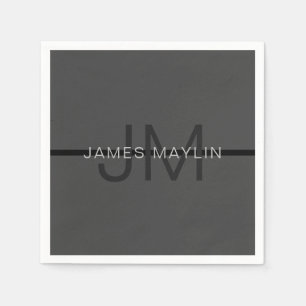 Serviette En Papier Masculine élégant gris foncé Nom et monogramme