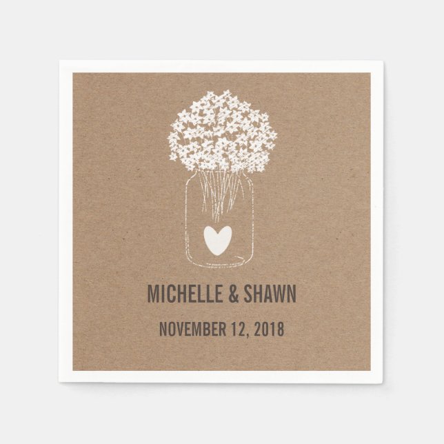 Serviette En Papier Mason Fleurs Jar Mariage campagnard Coeur mignon (Devant)