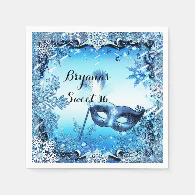 Serviette En Papier Masque bleu hiver Mascarade Masque & Snowflakes Él (Devant)