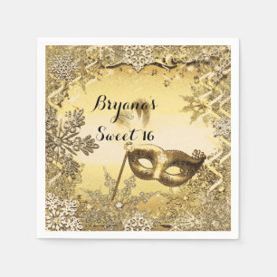 Serviette En Papier Masque de Mascarade Doré & Flocons de Neige Élégan