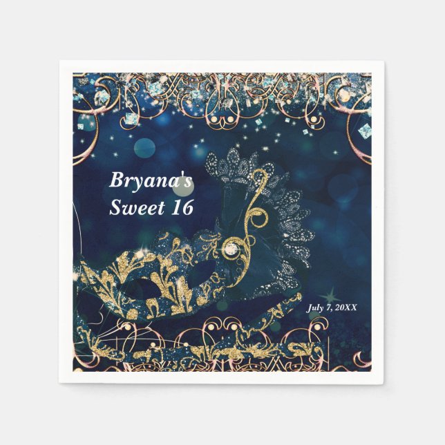 Serviette En Papier Masque de masquerade de costume bleu et or pour fê (Devant)