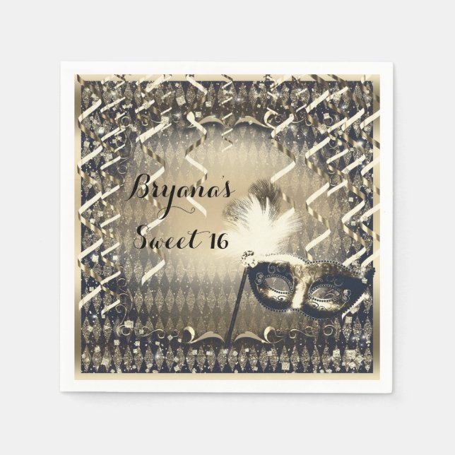 Serviette En Papier Masque de masquerade en or blanc et bronze pour fê (Devant)