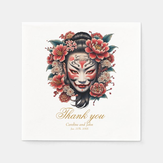 Serviette En Papier Masque japonais décoré de fleurs (Devant)