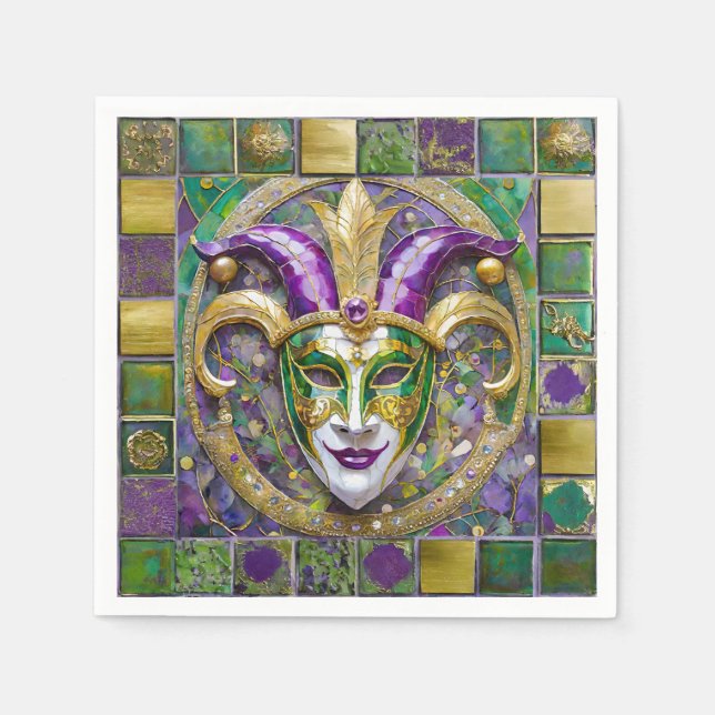 Serviette En Papier Masque Mardi Gras Jester Vert Or (Devant)