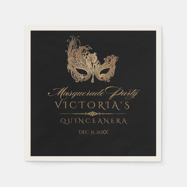Serviette En Papier Masquerade Quinceanera Chic Black Gold (Devant)