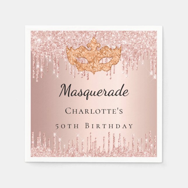 Serviette En Papier Masquerade rose gouttes d'or fête d'anniversaire (Devant)