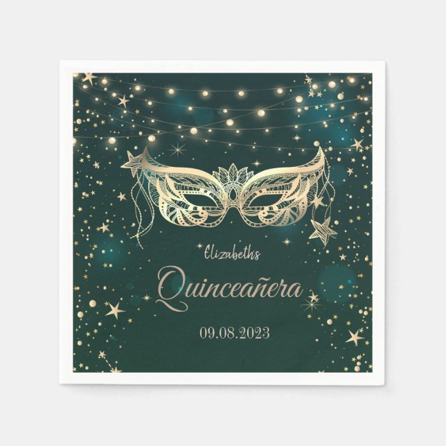 Serviette En Papier Masquerade, Stars Green Quinceañera (Devant)