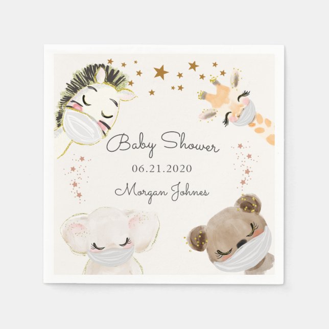 Serviette En Papier masques de visage animal baby shower monogramme (Devant)