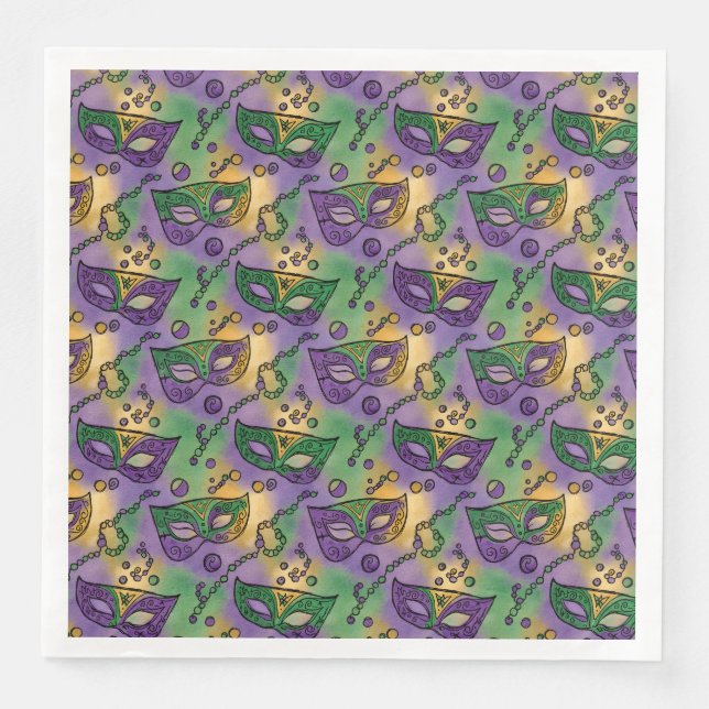 Serviette En Papier Masques et perles de Mardi Gras violet vert jaune (Devant)
