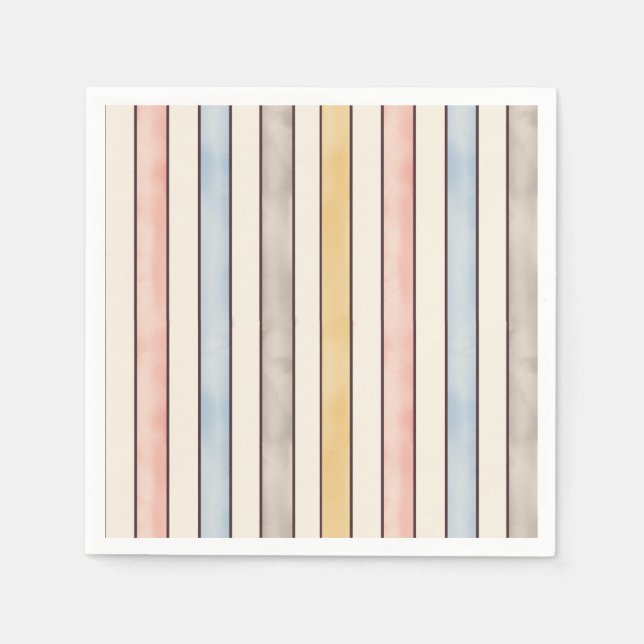 Serviette En Papier Matching, Subdued Pink, Yellow and Blue Stripes (Devant)