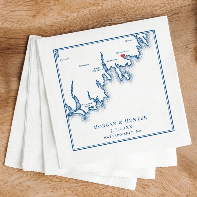 Serviette En Papier Mattapoisett MA Elegant Navy Blue Wedding (Mattapoisett Wedding Cocktail Napkins in elegant navy blue by Coastal Map Designs)