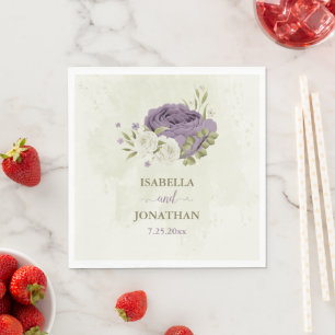 Serviette En Papier mauve fleurs blanches verdure mariage