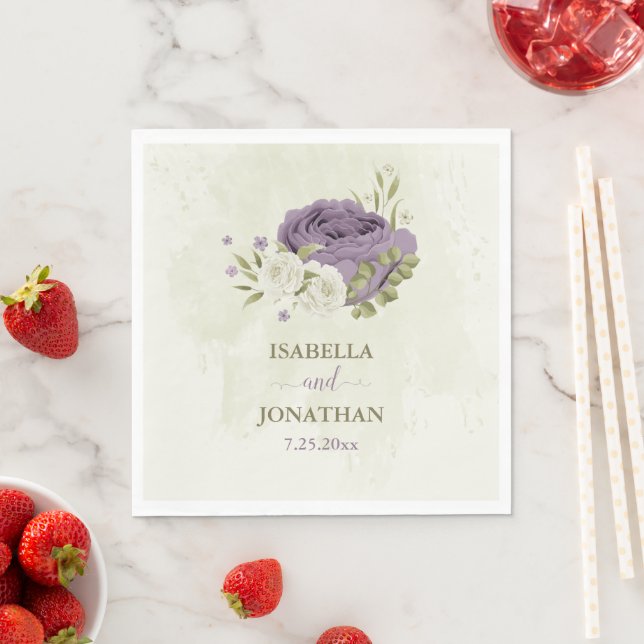 Serviette En Papier mauve fleurs blanches verdure mariage (En situation)