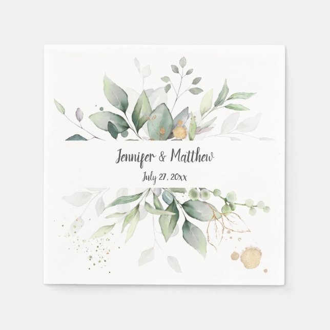 Serviette En Papier Meadow Green et Gold Frame Botanical Mariage (Devant)