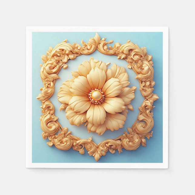 Serviette En Papier Médaillon Floral Orné Or (Devant)