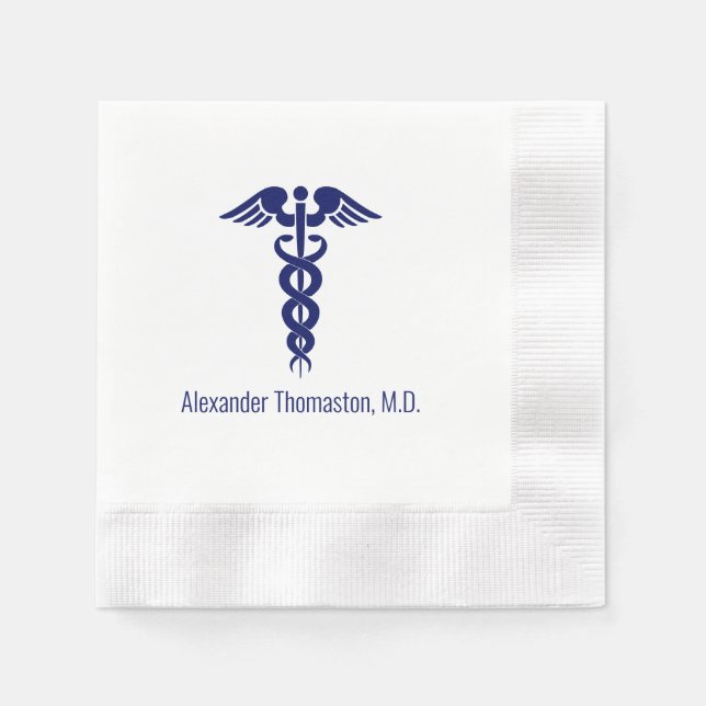 Serviette En Papier Médecin Caducée Nom Professionnel Bleu (Devant)