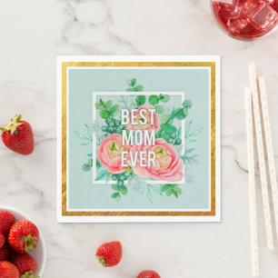 Serviette En Papier Meilleure Maman Jamais Aquarelle Florale Vert & Or