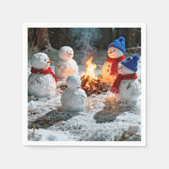 Serviette En Papier Melting Snowmen Around a Campfire (Devant)