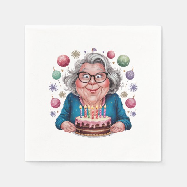 Serviette En Papier Mémé drôle qui regarde le gâteau d'anniversaire Ar (Devant)