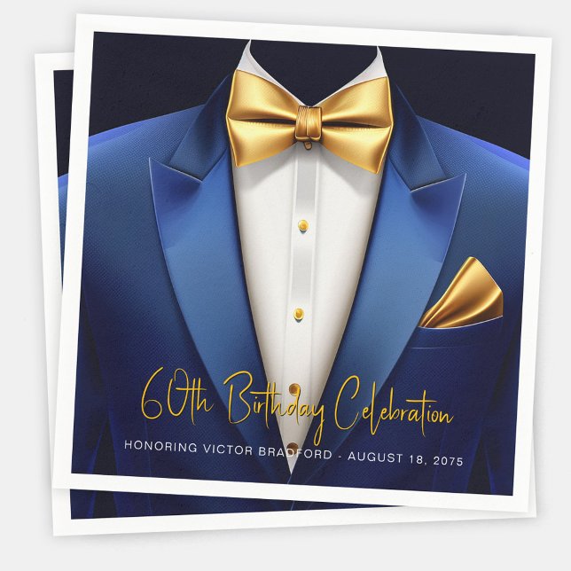 Serviette En Papier Mens Blue Gold Tuxedo fête d'anniversaire (Mens blue and gold birthday party napkins with tuxedo design. Add your text, logo, photo, etc.)