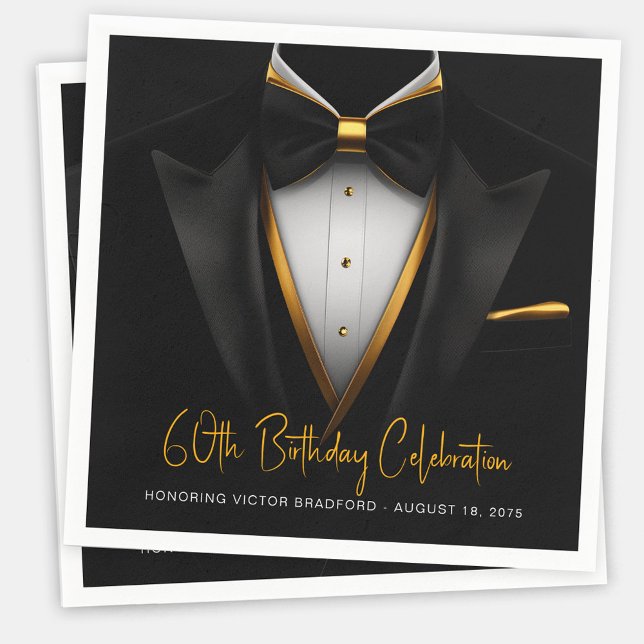Serviette En Papier Mens Classy Black Gold Tuxedo Anniversaire (Mens black and gold tuxedo paper napkins for birthdays, corporate parties, retirements, etc. )
