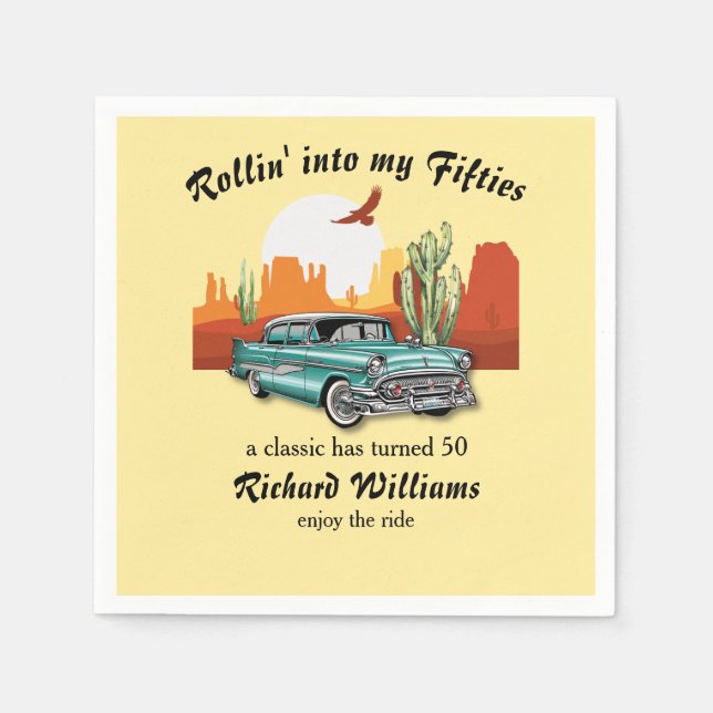 Serviette En Papier Men's Retro Classic Blue Car Desert 50th Birthday (Devant)