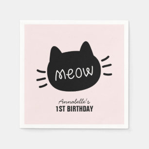Serviette En Papier Meow Chat noir visage rose fille Anniversaire