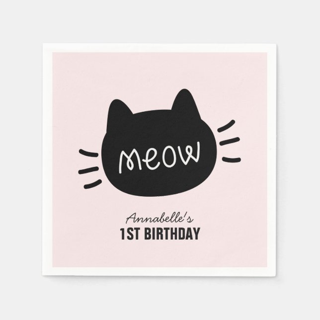 Serviette En Papier Meow Chat noir visage rose fille Anniversaire (Devant)