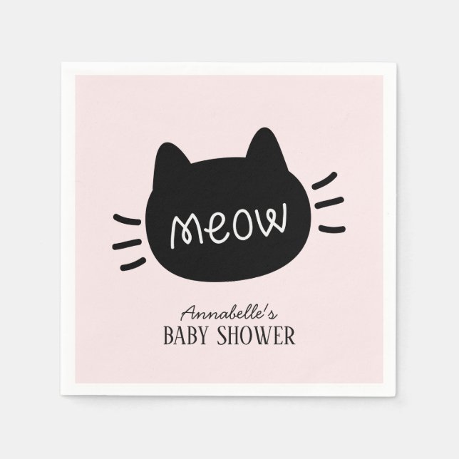 Serviette En Papier Meow Chat noir visage rose fille Baby shower (Devant)