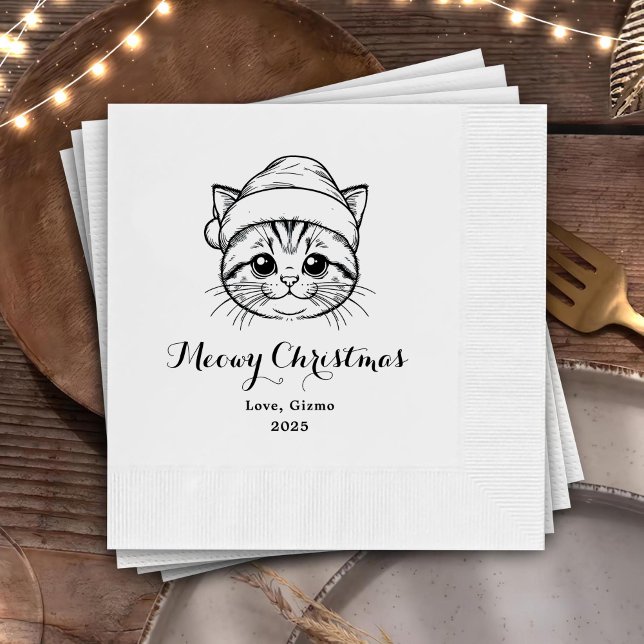 Serviette En Papier Meowy Christmas Custom Chat Drawn Mariage (Créateur téléchargé)