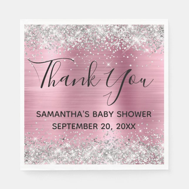 Serviette En Papier Merci Baby shower Parties scintillant rose argent (Devant)