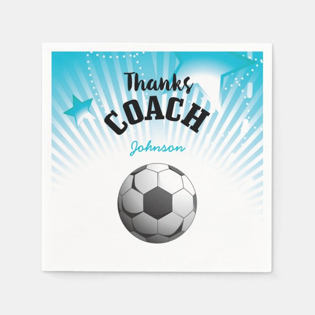 Serviette En Papier Merci Coach Football Aqua Blue Stars Ball (Devant)