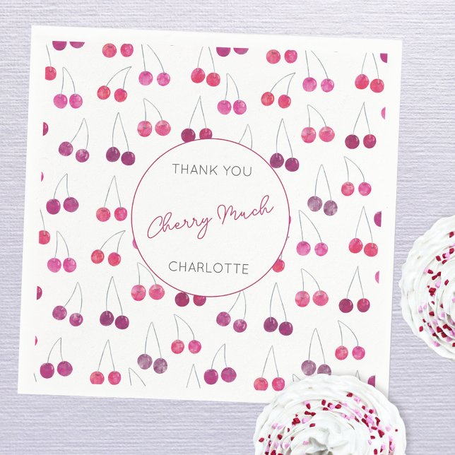 Serviette En Papier Merci d'aquarelle cerise personnalisé (Thank you Cherry Much personalized watercolor cherries party paper napkin)