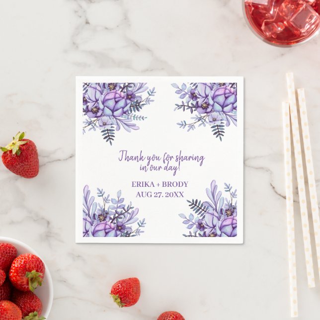 Serviette En Papier Merci Mariage d'aquarelle florale pourpre (En situation)