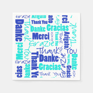 Serviette En Papier Merci multilingue bleu et turquoise