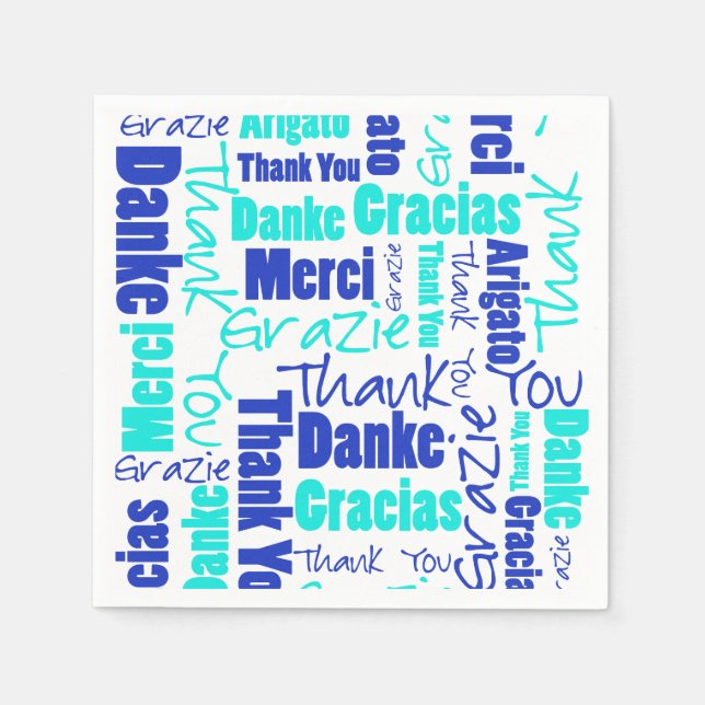 Serviette En Papier Merci multilingue bleu et turquoise (Devant)