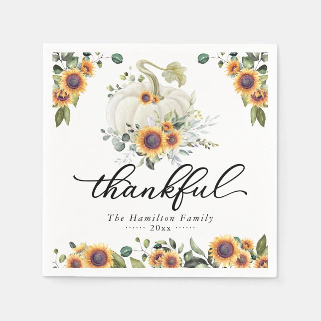Serviette En Papier Merci Sunflowers Citrouille blanc Thanksgiving (Devant)