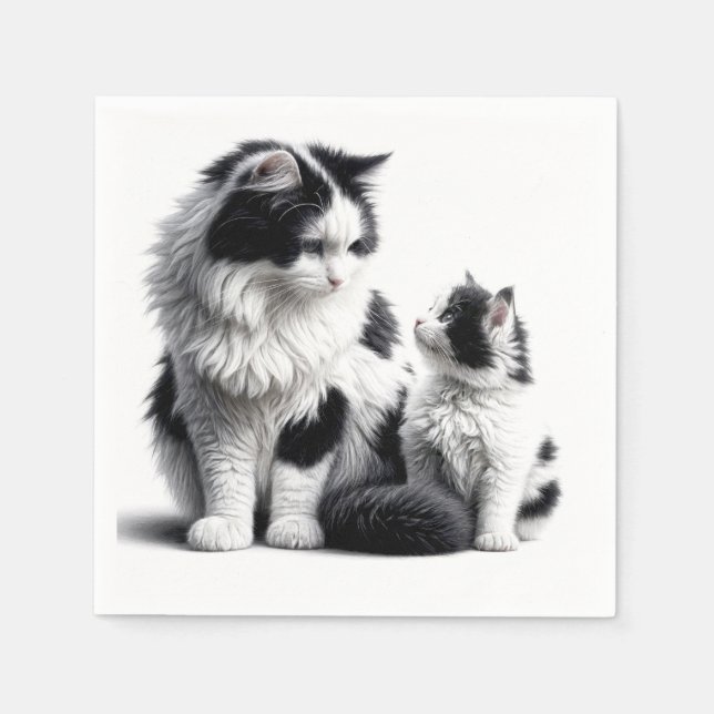 Serviette En Papier Mère Chat et chaton en blanc (Devant)