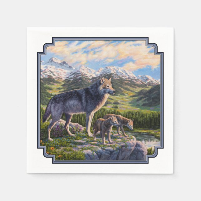 Serviette En Papier Mère Wolf & Pups Mountain River Valley (Devant)