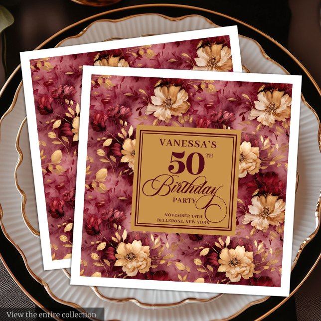 Serviette En Papier Merlot Blush Gold Floral élégant 50e anniversaire (Stylish Merlot Blush Gold Floral 50th Birthday Paper Dinner Napkins)