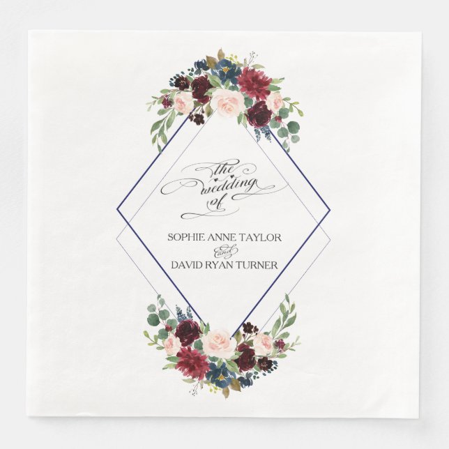 Serviette En Papier Merlot géométrique moderne Marine bleu Mariage flo (Devant)