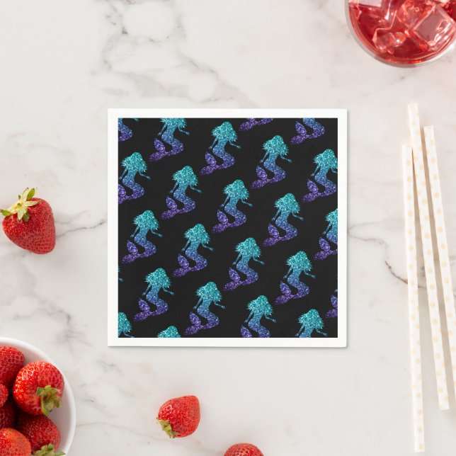 Serviette En Papier Mermaid aqua bleu ombre motif noir (En situation)