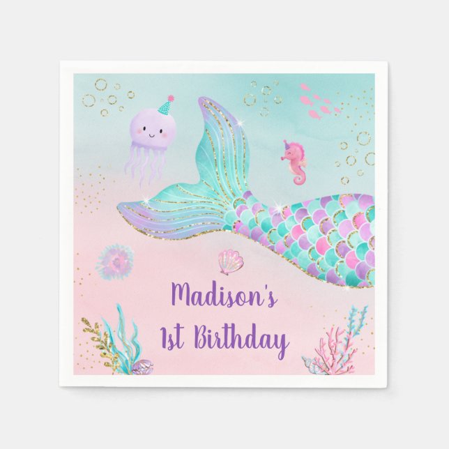 Serviette En Papier Mermaid Pink Gold Sous La Mer Anniversaire (Devant)