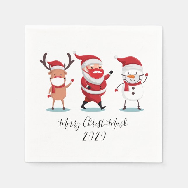 Serviette En Papier Merry Christ Mask Quarantine 2020 Père Noël Reinde (Devant)